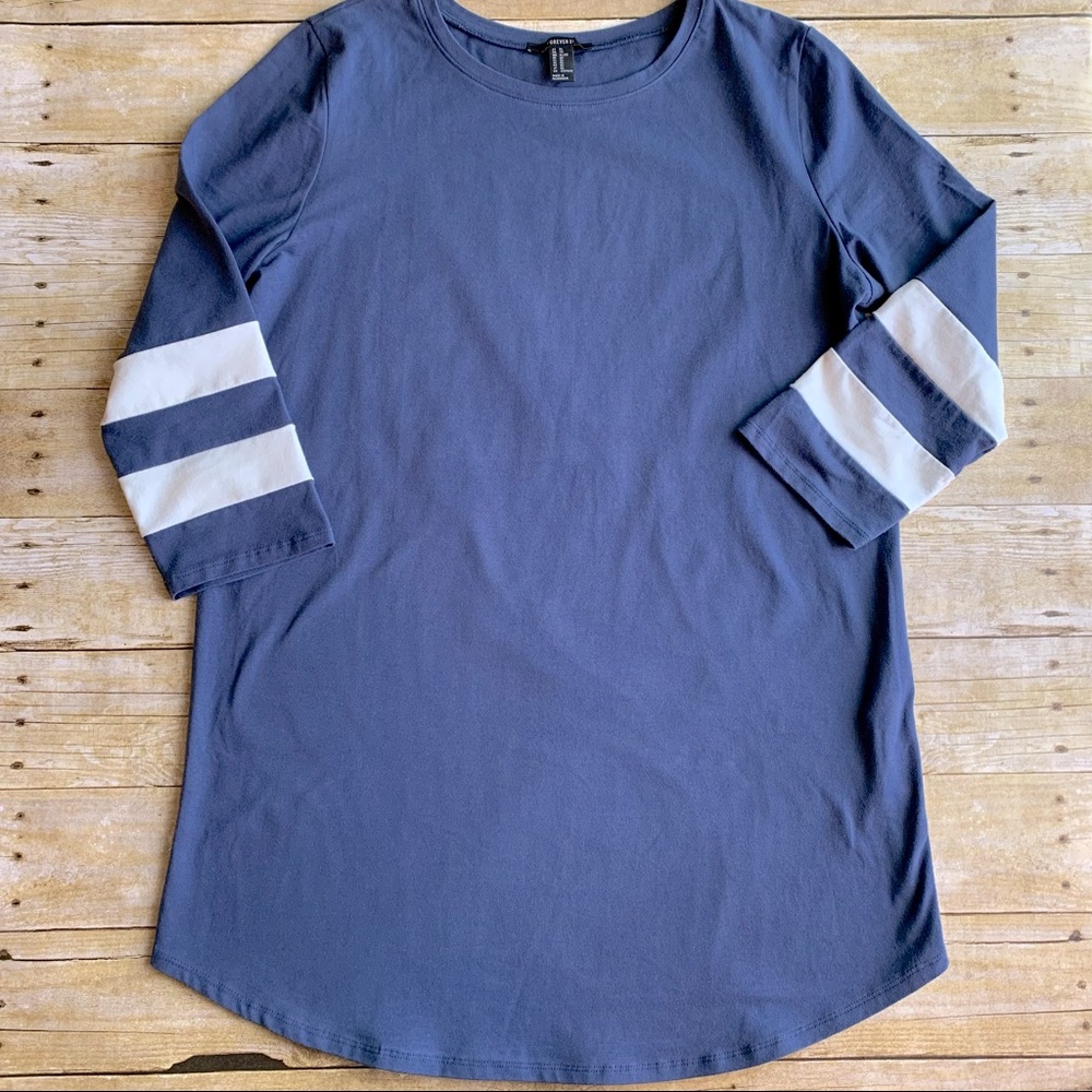 Forever 21 Blue Varsity Shift Dress with White Striped Sleeves
